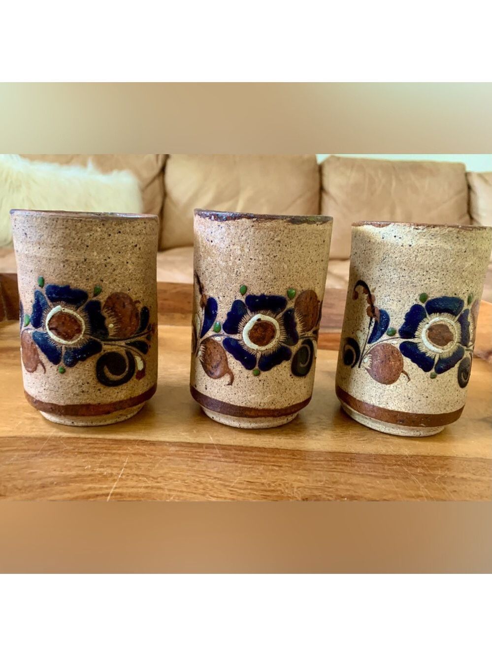 Mexican Collectible Tonala Signed Floral Pottery Cups Tumblers